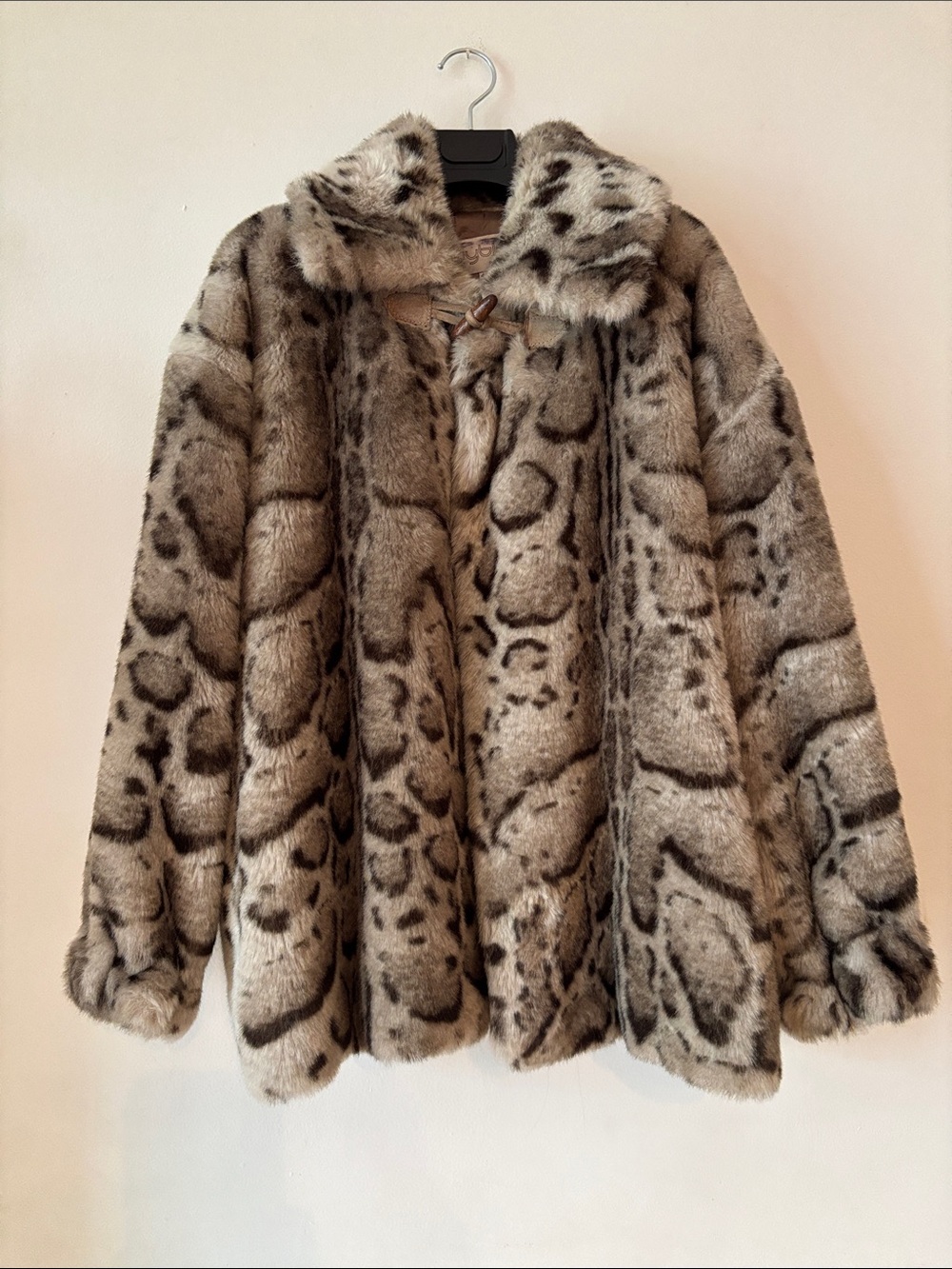 Faux Fur Animal-Print Coat in Gray and Cream